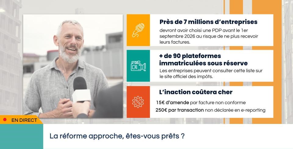 la réforme de la facturation électronique approche, êtes-vous prêts ? 7 millions d'entreprises devront choisir une PDP avant le 1er septembre 2026, plus de 90 plateformes immatriculées sous réserve, l'inaction coûtera cher : 15 euros d'amende par facture non conforme et 250 euros par transaction non déclarée en e-reporting.